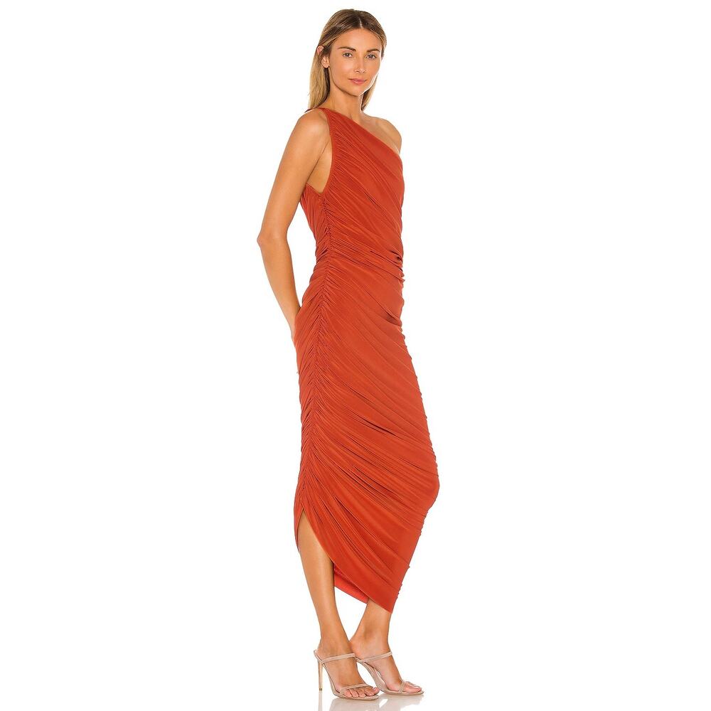 NORMA KAMALI Diana Ruched Gown Cinnamon Orange Midi Dress Women's L/40 - Picture 4 of 12